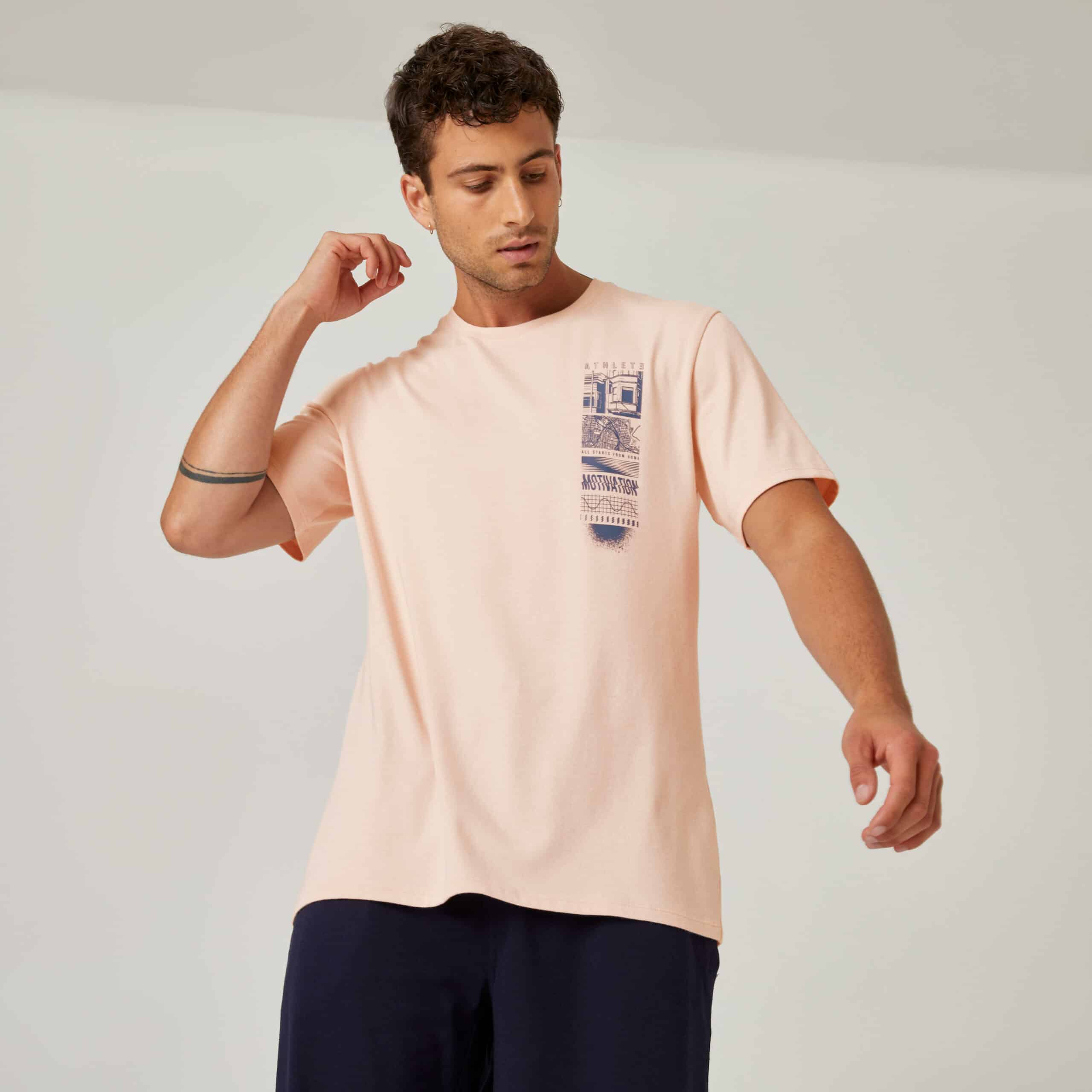 Domyos T-Shirt Herren Fitness Baumwolle dehnbar - 500 rosa